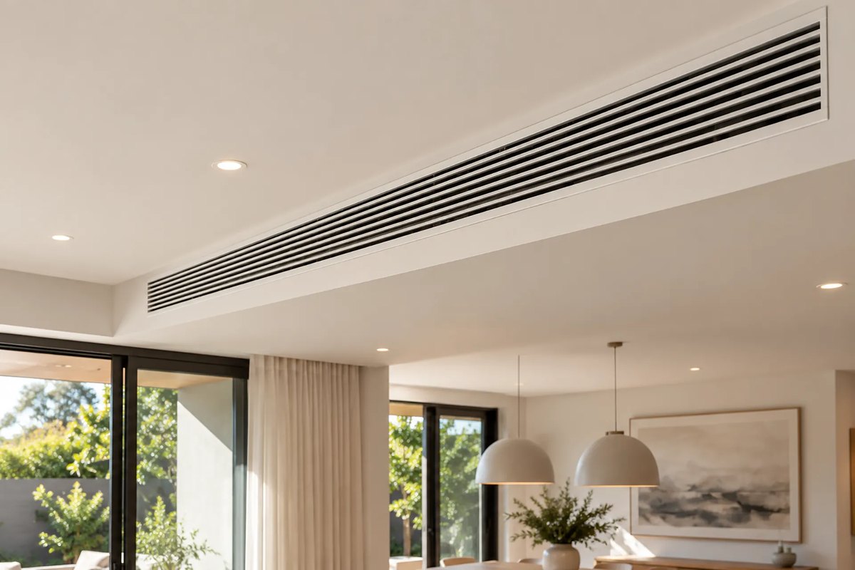 Ducted air conditioning outlet in the ceiling of a modern open plan home