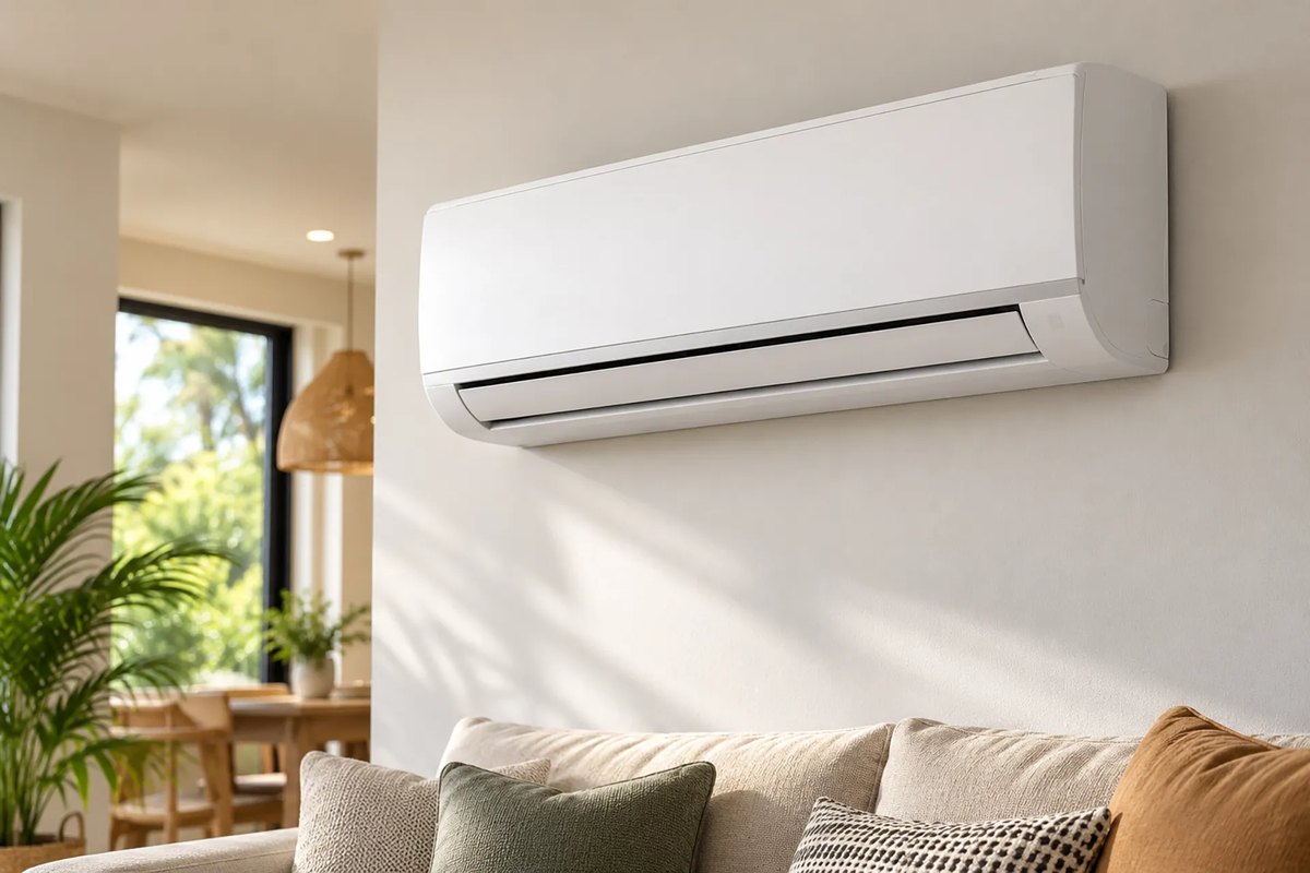High wall split system air conditioner installed in a modern living room